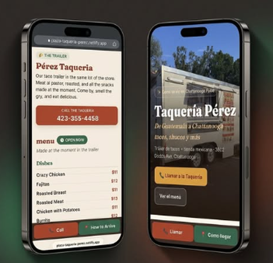 Pérez Taqueria website on phone — menu and homepage in Spanish