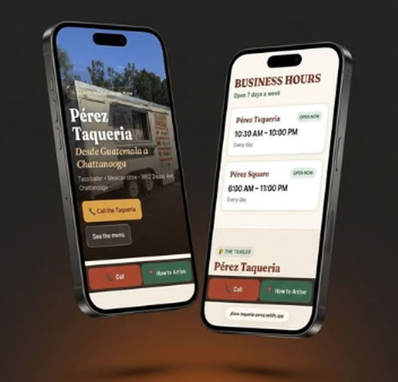 Pérez Taqueria website on phone — hours and homepage